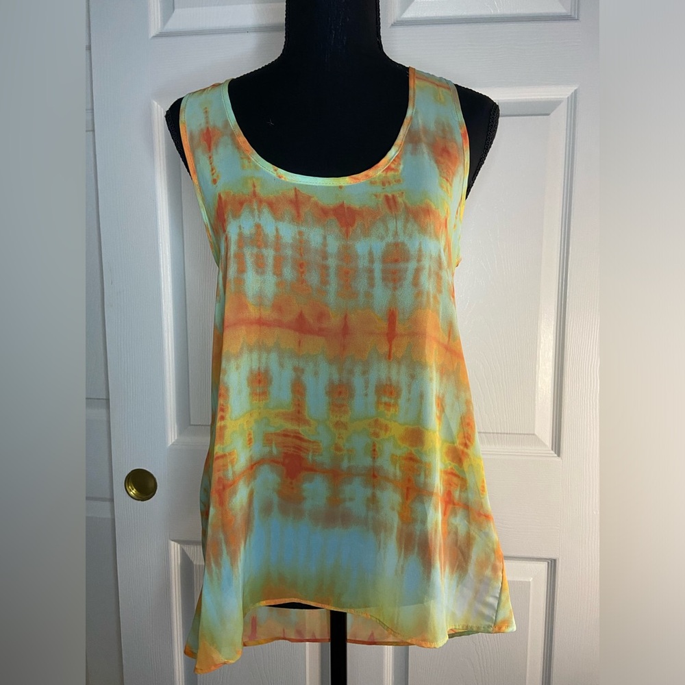 Kay Celine Women’s Sleeveless Tunic Top Tie Dye Asymmetrical Hem Multicolor XS